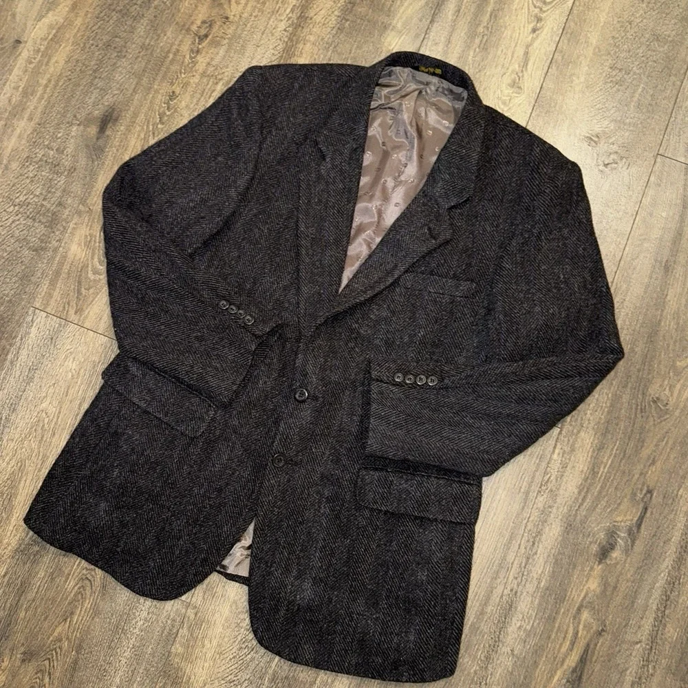 Vtg‎ Hunting Horn Wool Sport Coat Mens 44L Herringbone Tweed Blazer Suit Jacket
